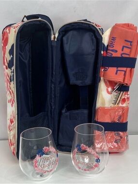 Charlie Happy Glamper camping wine picnic travel bag floral 2 glasses, napkins